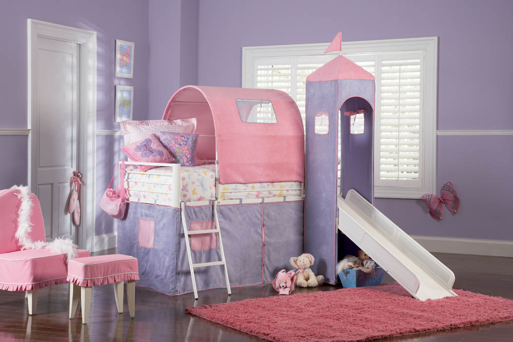 Princess Castle Twin Tent Bunk Bed with Slide (White, Purple & Pink